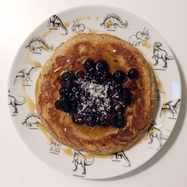 banana and coconut pancakes with blueberries