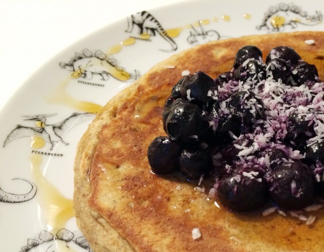 banana and coconut pancakes with blueberries