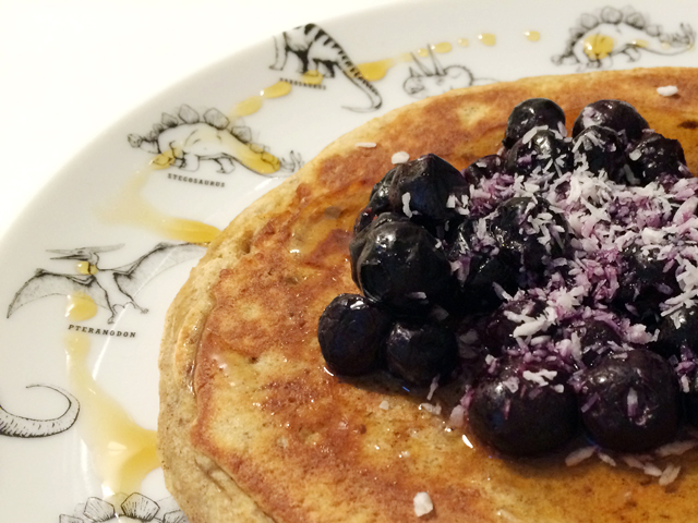 banana and coconut pancakes with blueberries