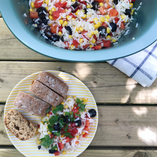 Multi-coloured picnic rice salad