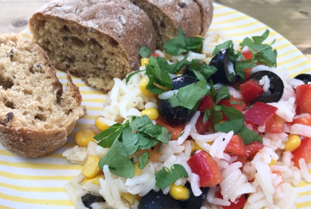 Multi-coloured picnic rice salad