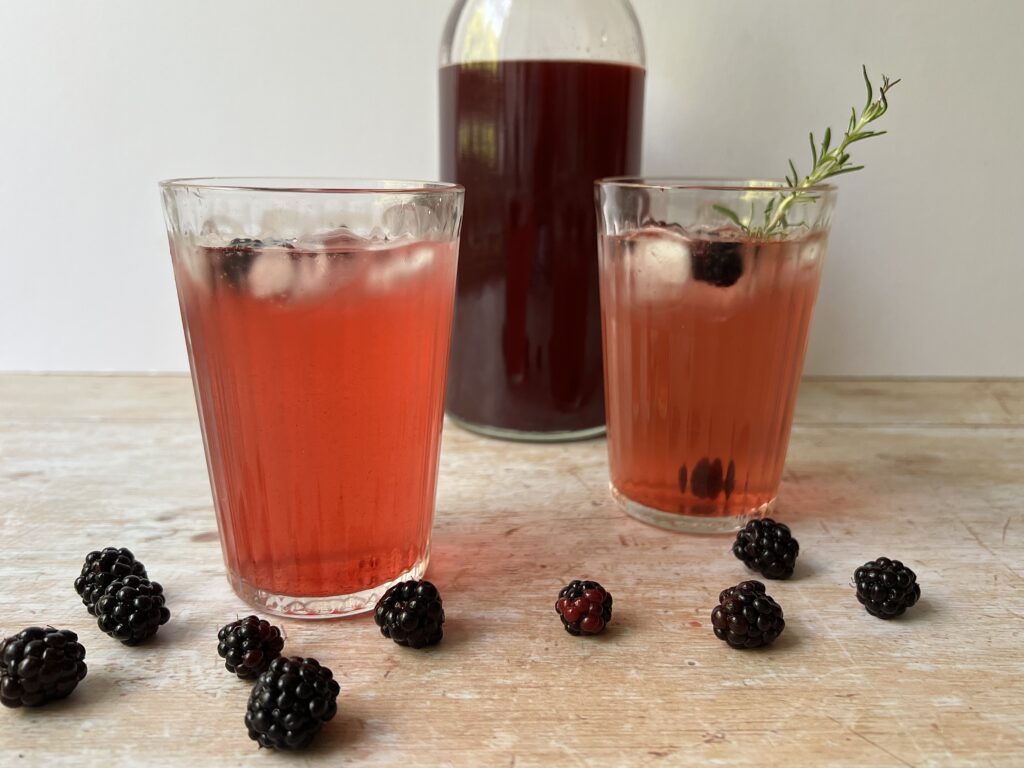 bottle of home made bramble shrub with two glasses of shrub drink