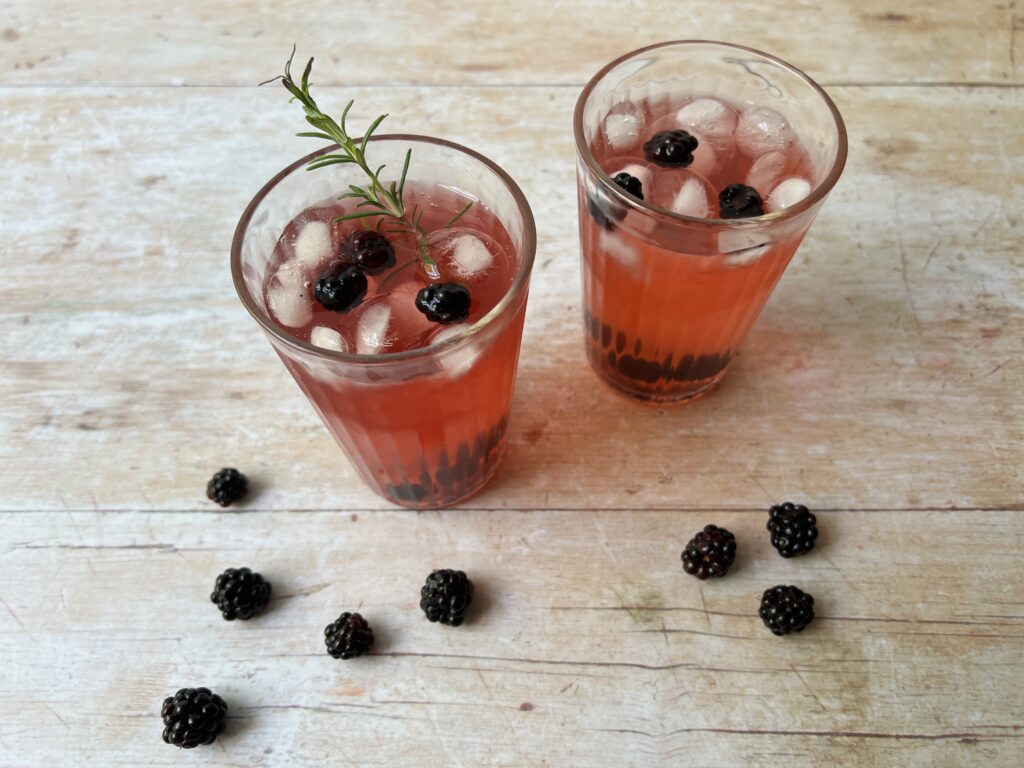 two glasses of bramble shrub with ice