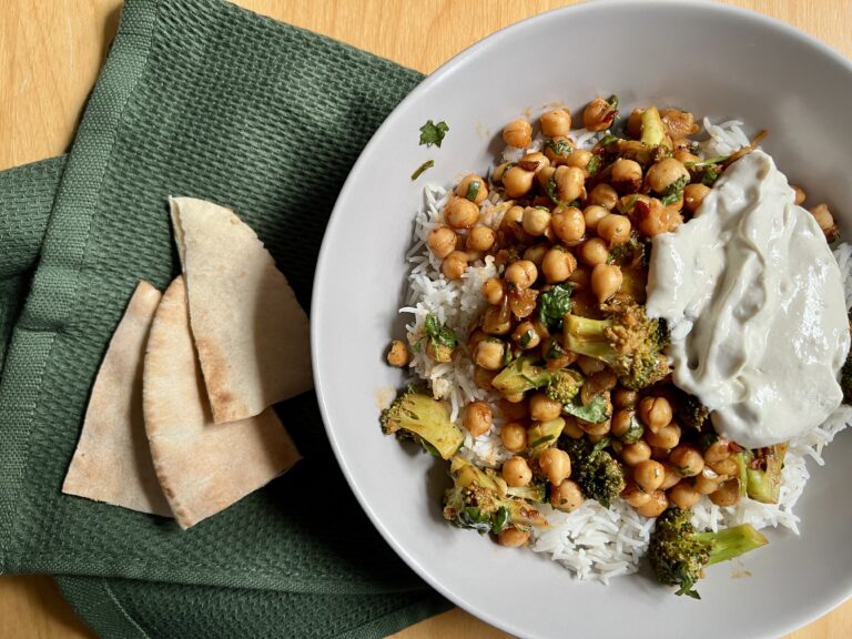 Chipotle Chickpeas & Broccoli on Rice with Tahini Lime Yoghurt